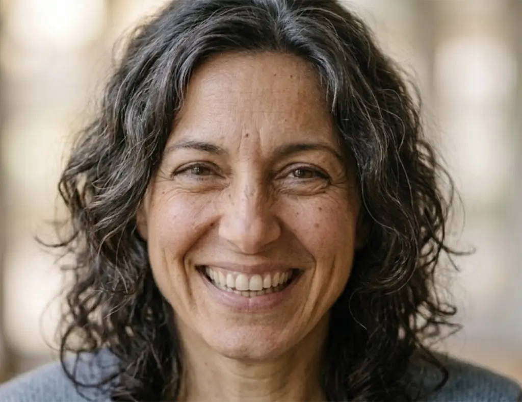 Ritratto di una donna adulta che sorride, denti naturali in evidenza
