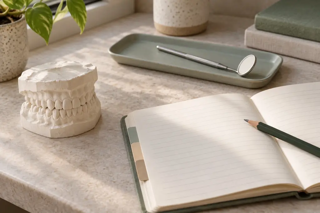 Quaderno aperto con matita, modello dentale e specchietto su una scrivania