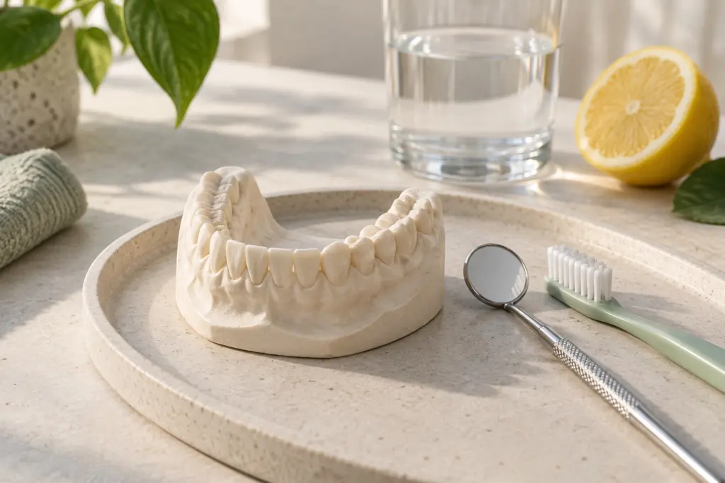 Modello dentale con specchietto e spazzolino, accanto a un bicchiere d'acqua e un limone