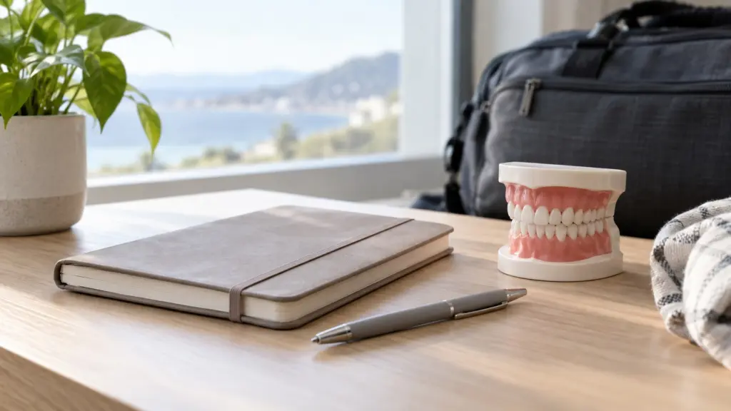 Taccuino, penna e modello dentale per preparare il percorso di cura e gli appuntamenti