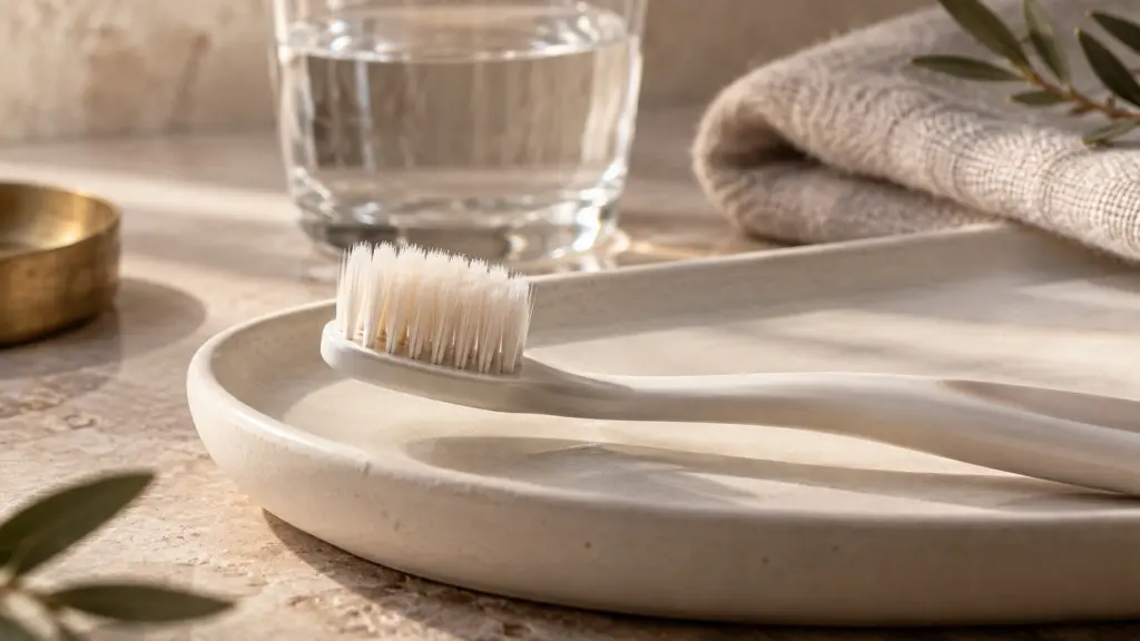 Spazzolino a setole morbide su un vassoio in ceramica