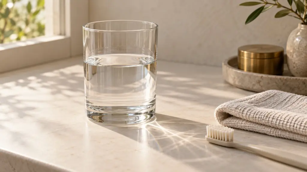 Bicchiere d’acqua, telo in lino e spazzolino su una superficie chiara