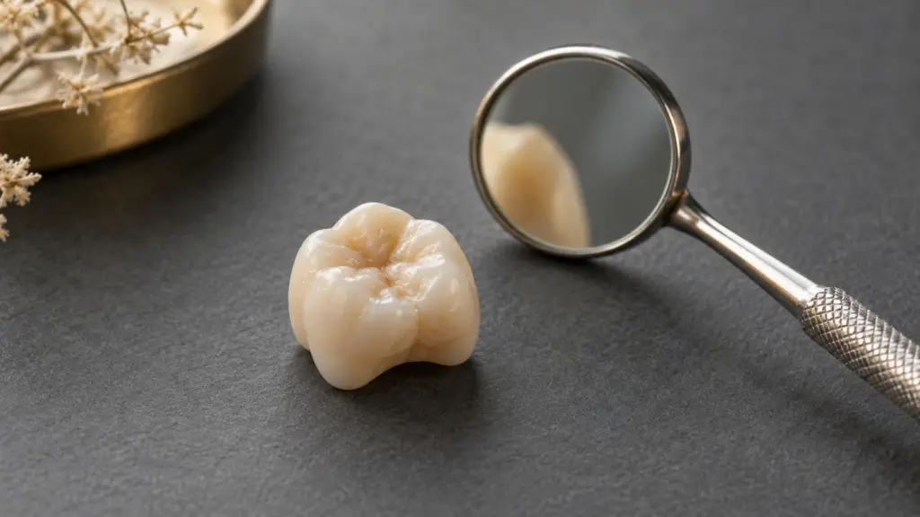 Modello illustrativo di molare e specchietto dentale su fondo scuro