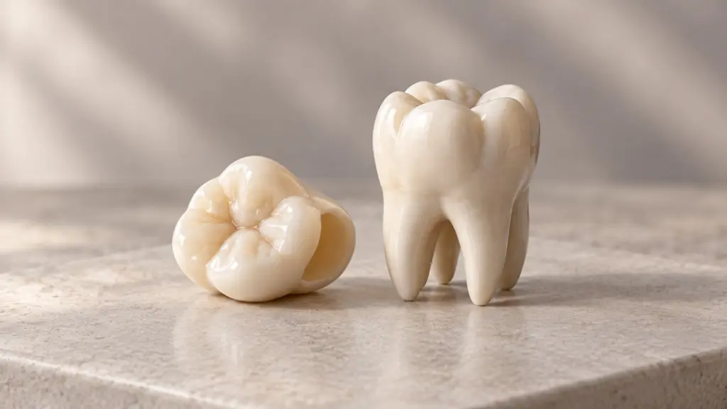 Corona in ceramica e modello dentale su una base chiara