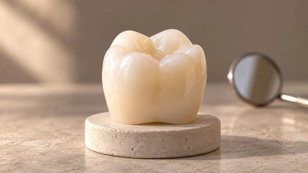 Modello illustrativo di corona provvisoria con specchietto dentale
